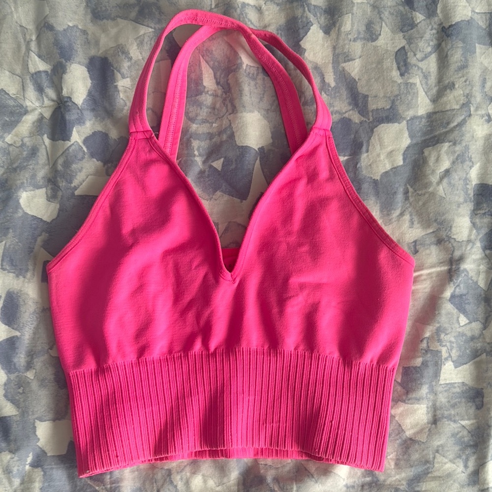 FP Movement by Free People Pink Sports Bra with Halter Neckline and Ribbed Band